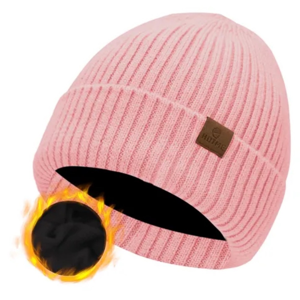 Women's Merino Wool Beanie, Thick Warm Winter Fleece Lined with Cuffs, Pink.
